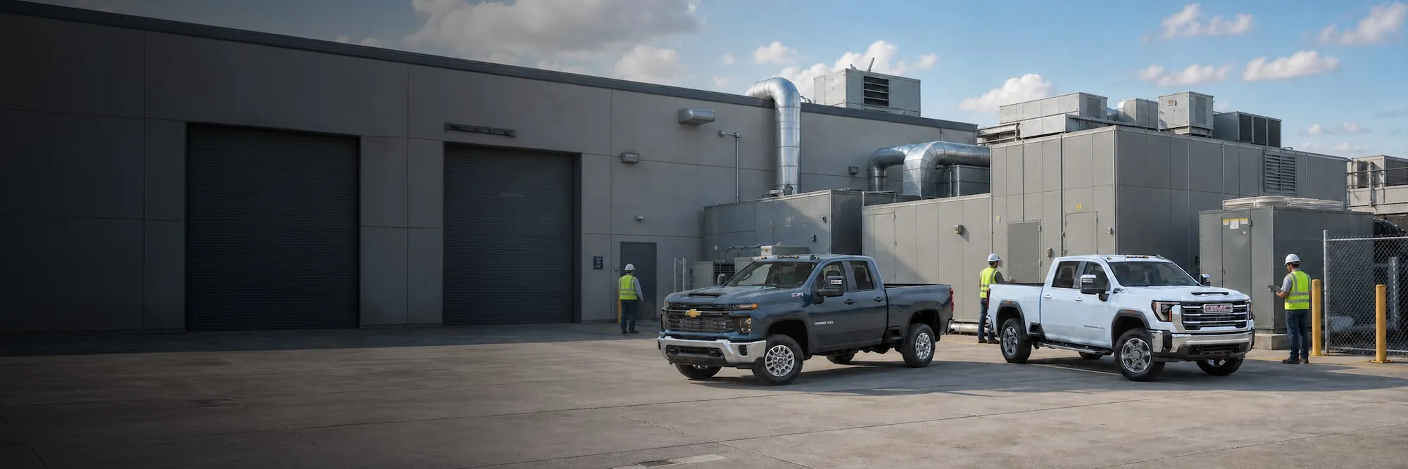 Chevrolet Silverado work trucks parked at a commercial building